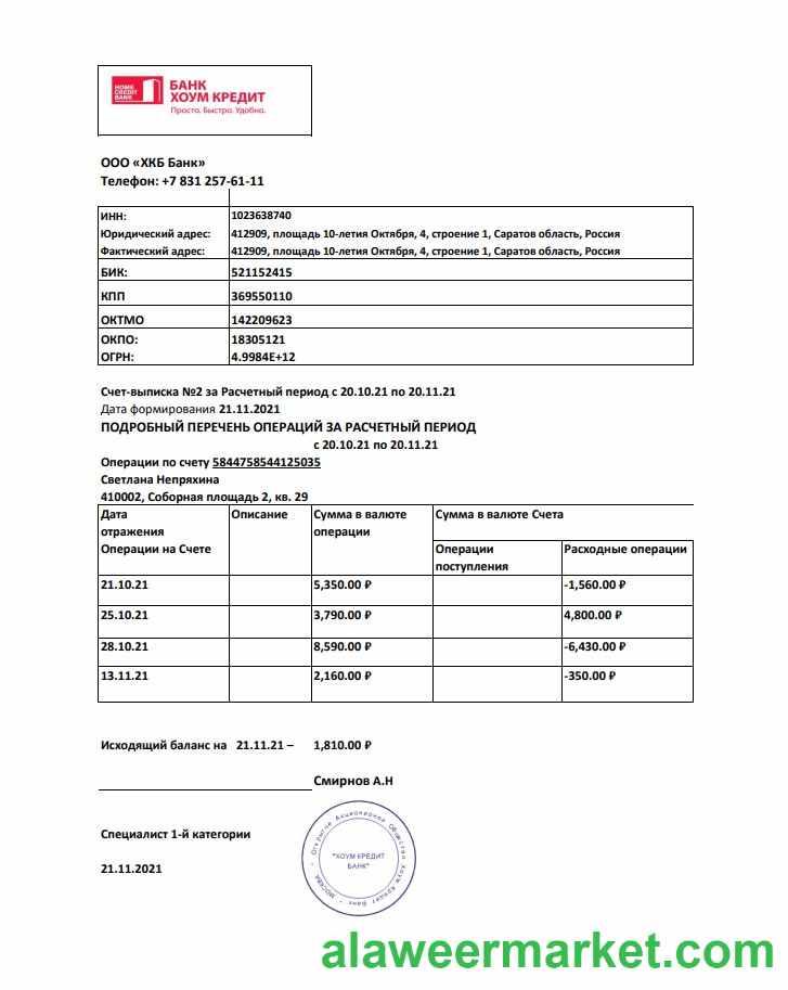 Russia Home Credit bank statement easy to fill template in .xls and .pdf file format